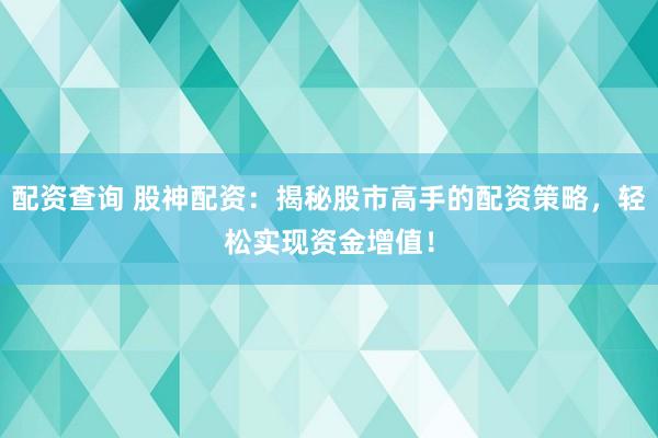 配资查询 股神配资：揭秘股市高手的配资策略，轻松实现资金增值！